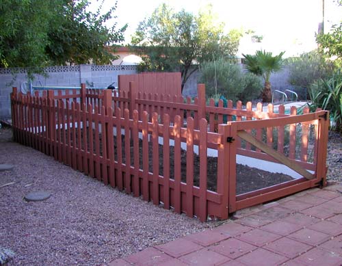 Decorative garden fencing and deck.