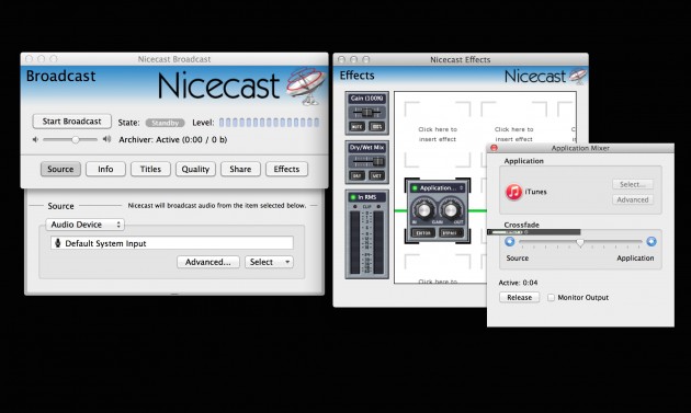 Nicecast settings for application mixing with voice from input mic