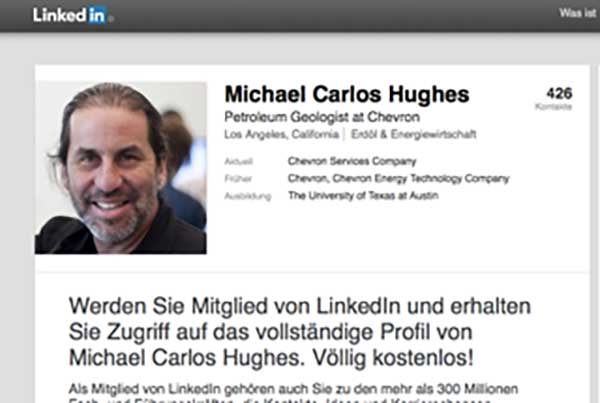 screen shot from LinkedIn for Michael Carlos Huges, who has a very handsome face. Mine. 