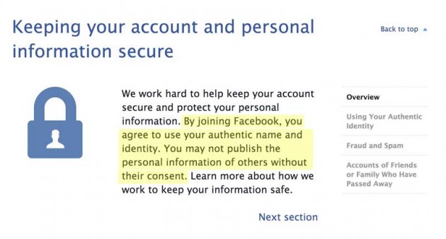 Facebook asserts that accounts use real name, identity, and do not use information of others.