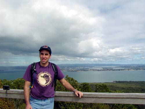 Standing atop Rangitoto Island in Auckland, sporting my Cosmic Bike Shop t-shirt from Flagstaff.