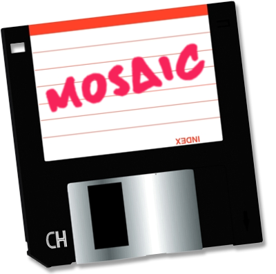 An old black floppy disk with a white label. Printed in hand-written like blick text is the word MOSAIC.