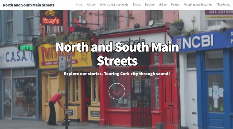 Web site for North and Main Street with text over a view of narrow shops on the streets of Cork