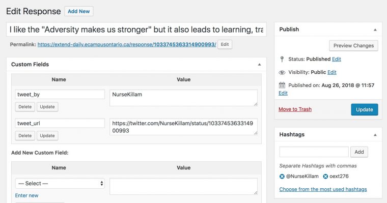 a sample response in WordPress, showing the tweet text as title, custom fields for the author and tweet IRL, plus hashtags