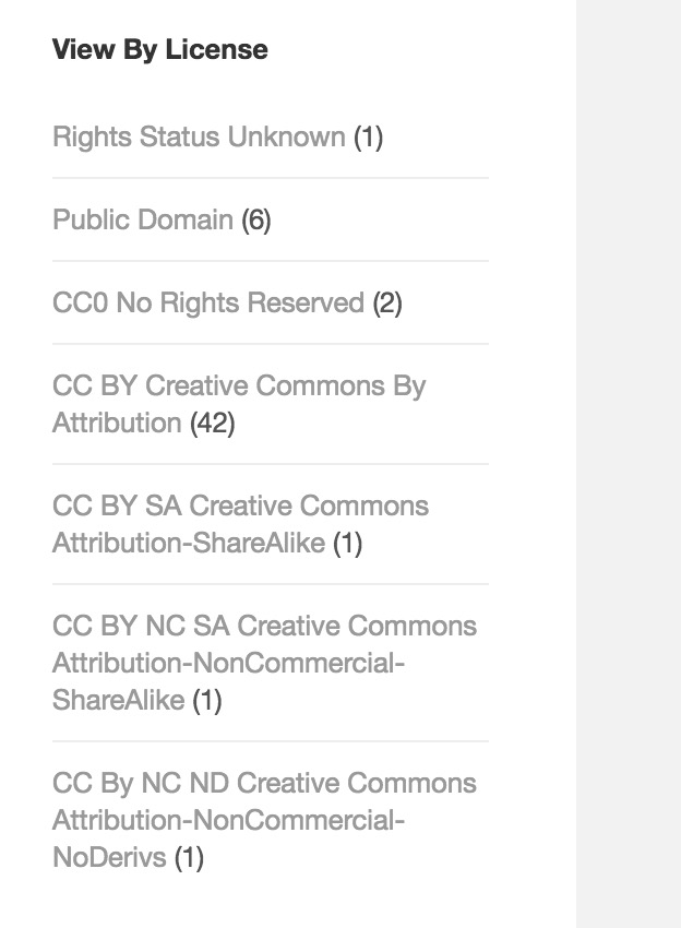 Screenshot of "view by license" i sidebar with a list of several licenses, each linked and with a count to a page that lists all items with the open license