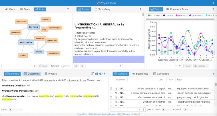 dashboard for Voyant's analysis of Augmenting Human Intellect. Lots of charts, graphs, data.