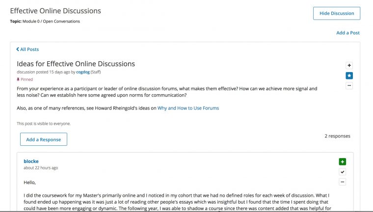 Discussion form with first question about sharing ideas for online discussions.