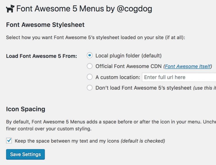 Admin screen for "Font Awesome 5 Menus by @cogdog"