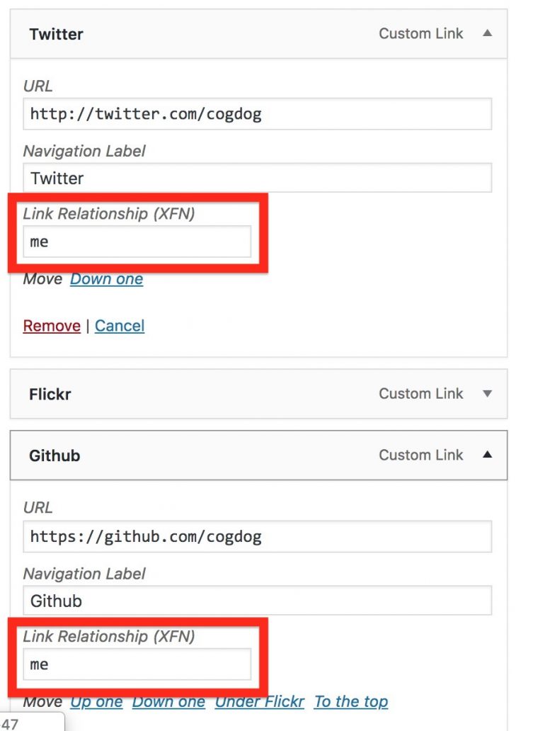 Highlights around Link Relationship (XFN) entry fields for editing menu items for Twitter and Github.