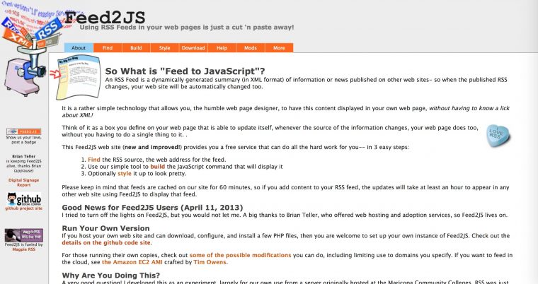 Screen shot of the Feed2JS web site "Using RSS Feeds in your web pages is just a cut and paste away"