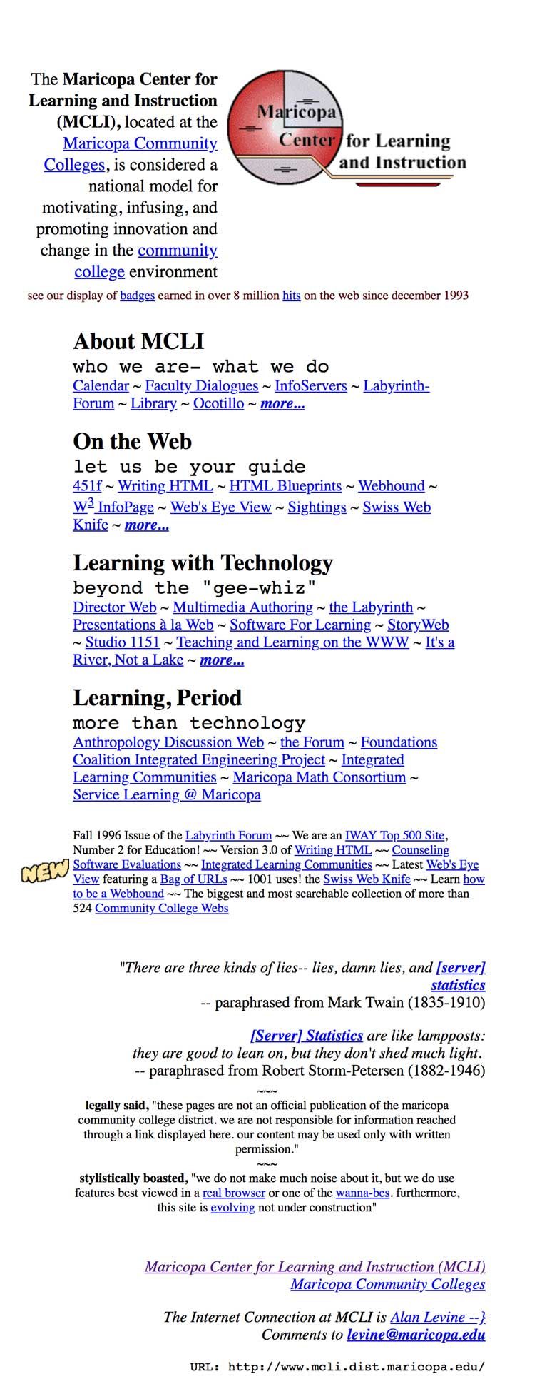 The Maricopa Center for Learning and INstruction web site from 1996, lots of links under categories of "About MCLI", "On the Web", "Learning with Technology", "Learning Period"