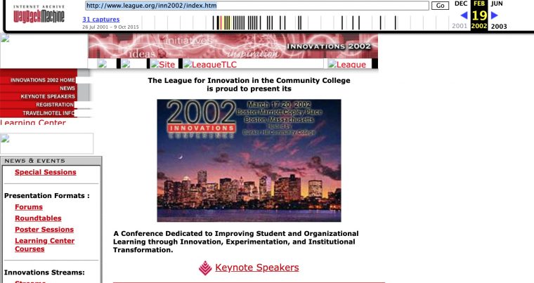 Old web page for the 2002 Innovations Conference. Broken image links but confirms a conference n Bostn=on