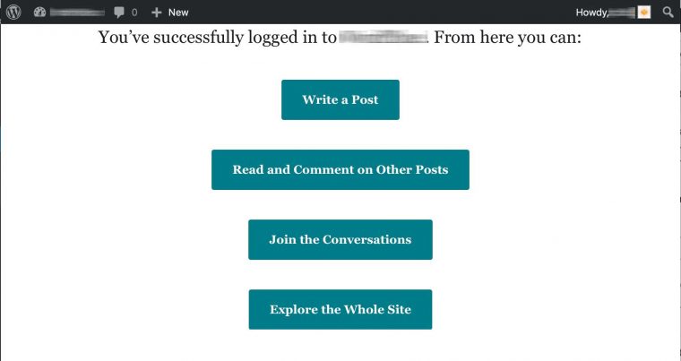 Simple page with "You've successfully logged in to (name of site). From here you can" buttons for "Write a Post", "Read and Comment"