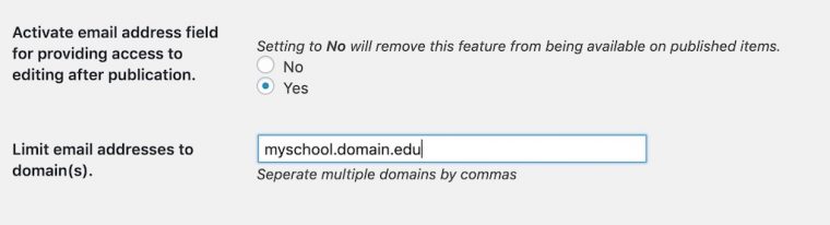 Option screen for activating the email address field