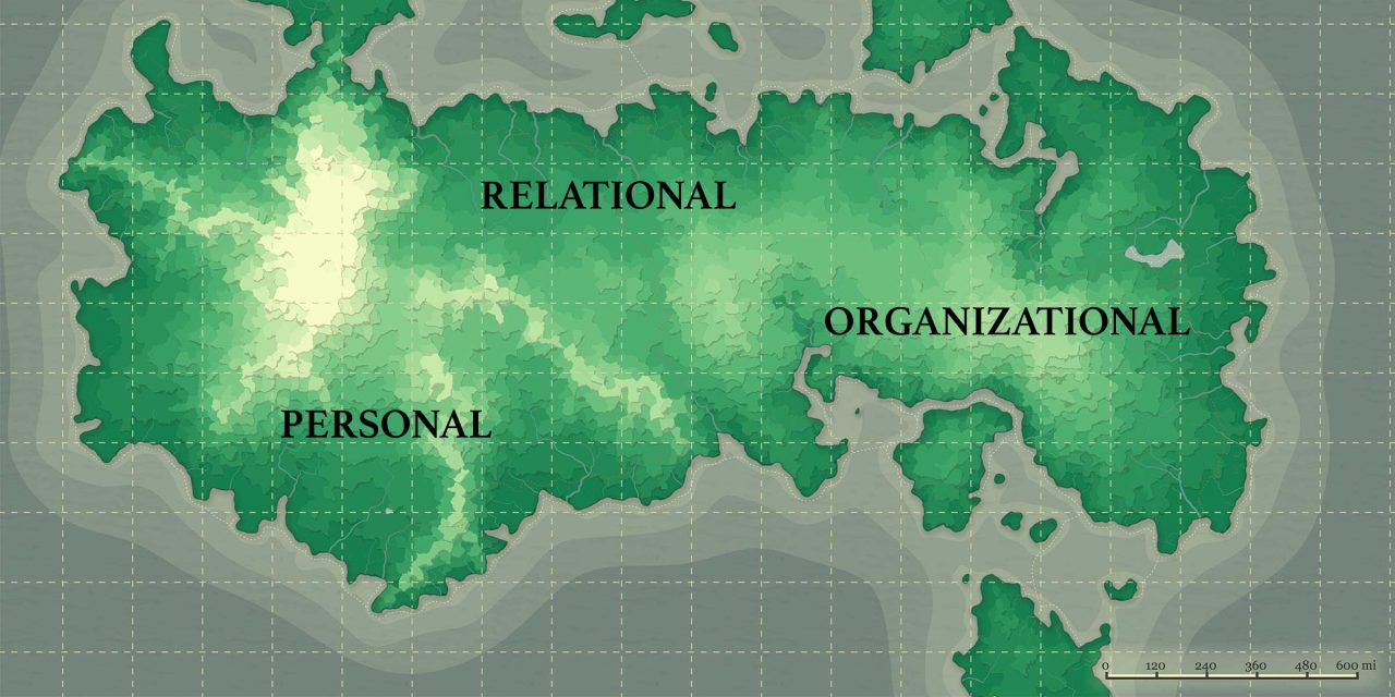 Another fantasy map with regions labeled PERSONAL, RELATIONAL, and ORGANIZATIONAL, over a landmass. 