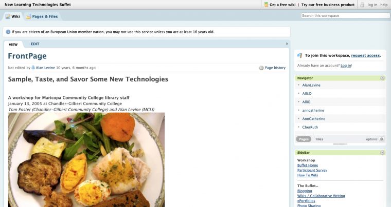 Cover of a Wiki-based workshop, title reads "Sample, Taste, and Savor Some New Technologies
A workshop for Maricopa Community College library staff, January 13, 2005 at Chandler-Gilbert Community College, Tom Foster (Chandler-Gilbert Community College) and Alan Levine (MCLI)"