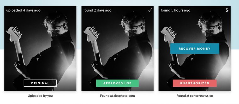Three pane image of the same photo with "Original", "Approved Use", and "Unauthorized" the latter with a "Recover Money" button.