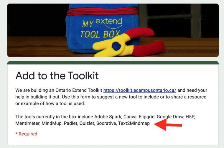 Add to Toolkit form header with a welcome message, and a red arrow pointing to a list of tools already in the kit.