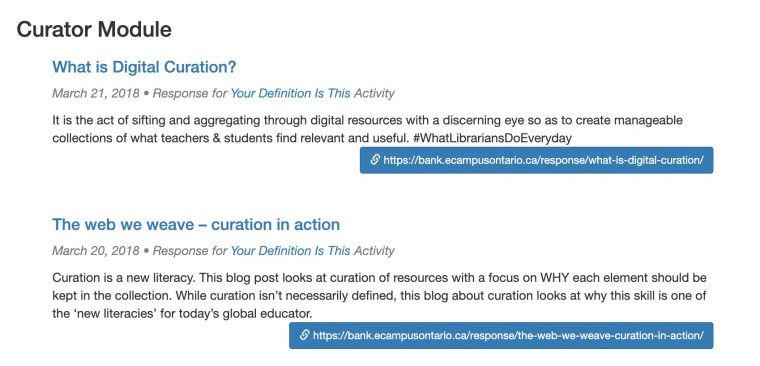 Under Curtor Module are the summaries of the two activities this person has done, each with the links to their responses