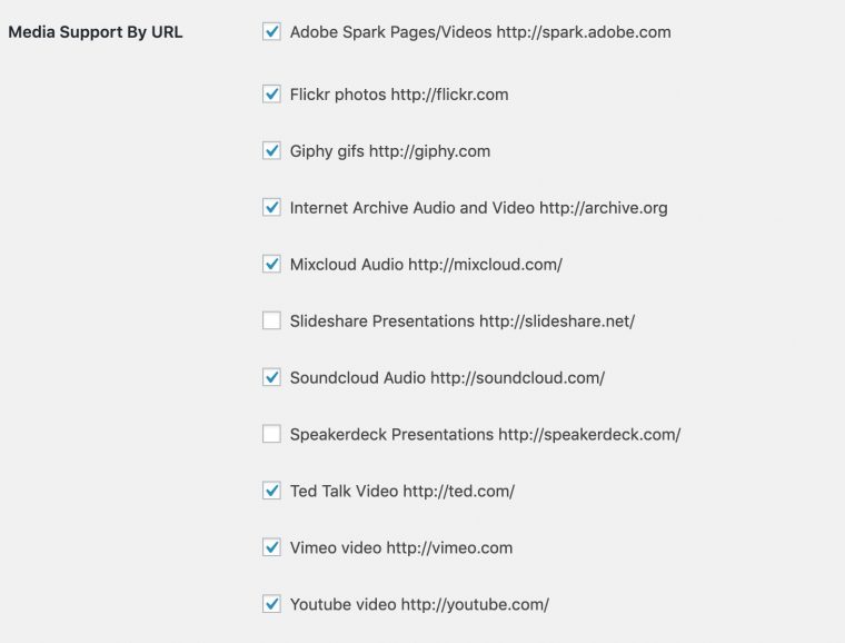 Options screen with checkboxes for 11 different sites like Flickr, Giphy, Mixcloud