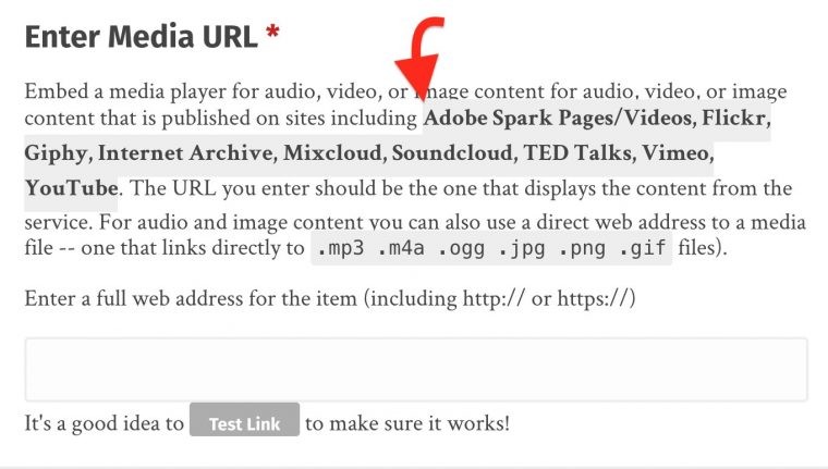 red arrow indicates place in the Media Sharing form where the instructions list the names of all sites supported.