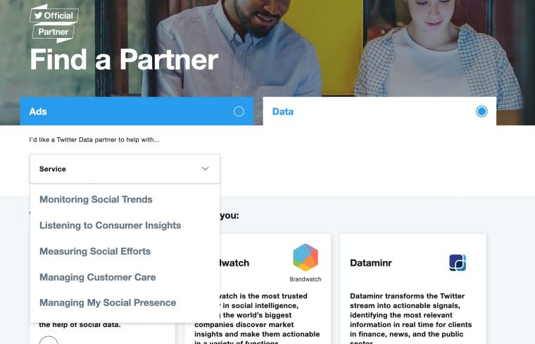 FInd a Partner page on Twitter with "I'd like a Twitter Data partner to help with..," and a drop down menu with items like "Monitoring Social Trends", "Managing Customer Care"