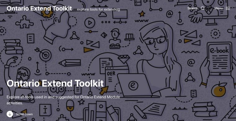 Web site cover for Ontario Extend Toolikt, background comic style image of tools and people