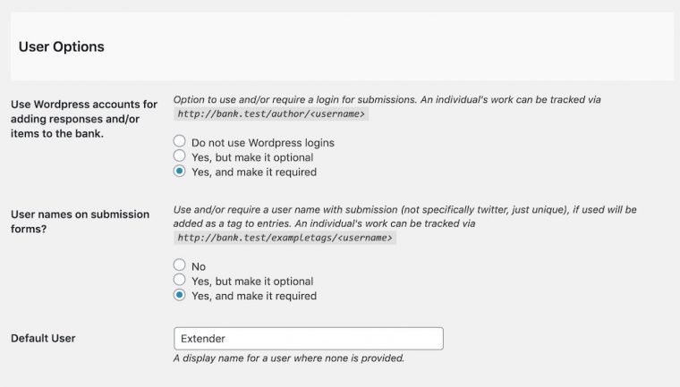 Admin options for users in the new theme, options to allow/require WordPress accounts, or allow user entered names.