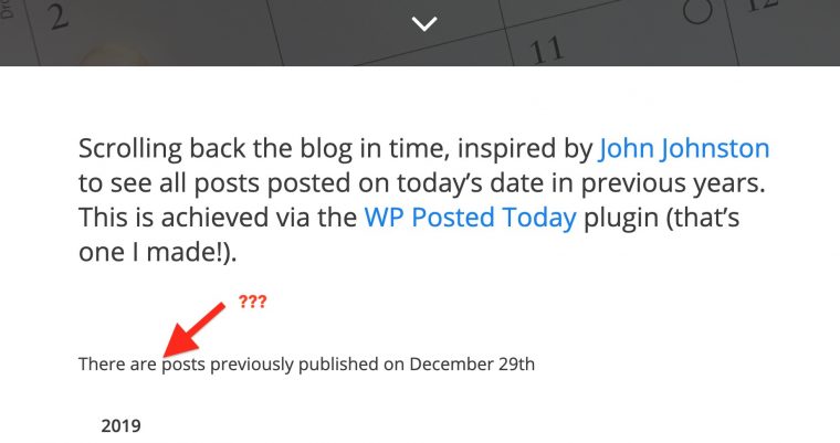 Red arrow points to missing number where the page output reads "There are posts previously published on December 29th"