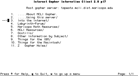 Interface for the MCLI Gopher server, a list of options such as 