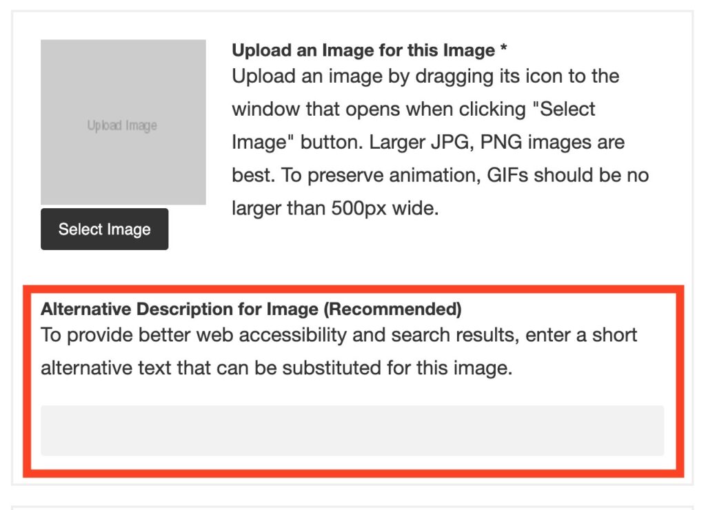 Screenshot of the TRU Collector form with a red box around a new form field to enter Alternative Description for Image