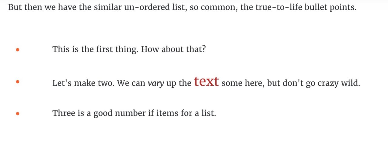 the same list items, but this time instead of numbers there are rather small orange color dots marking the list item