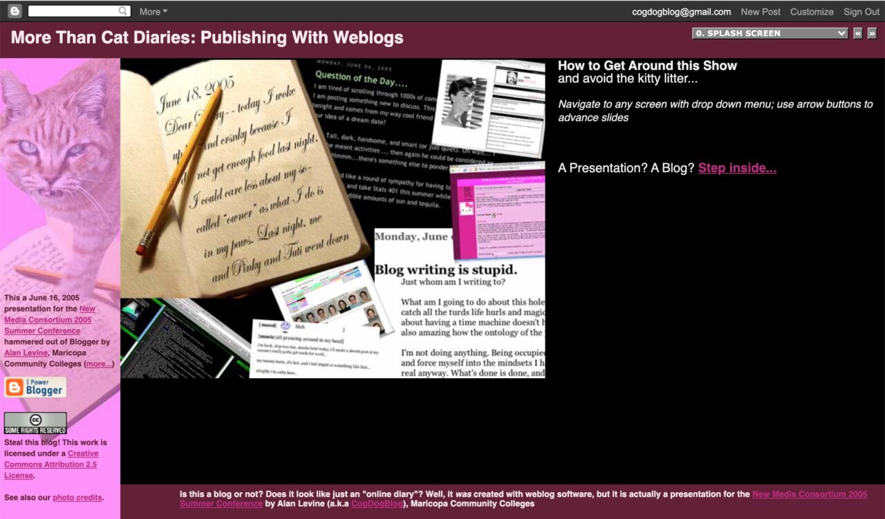 Screenshot of a blog site presentation full of references to blogging as dairies