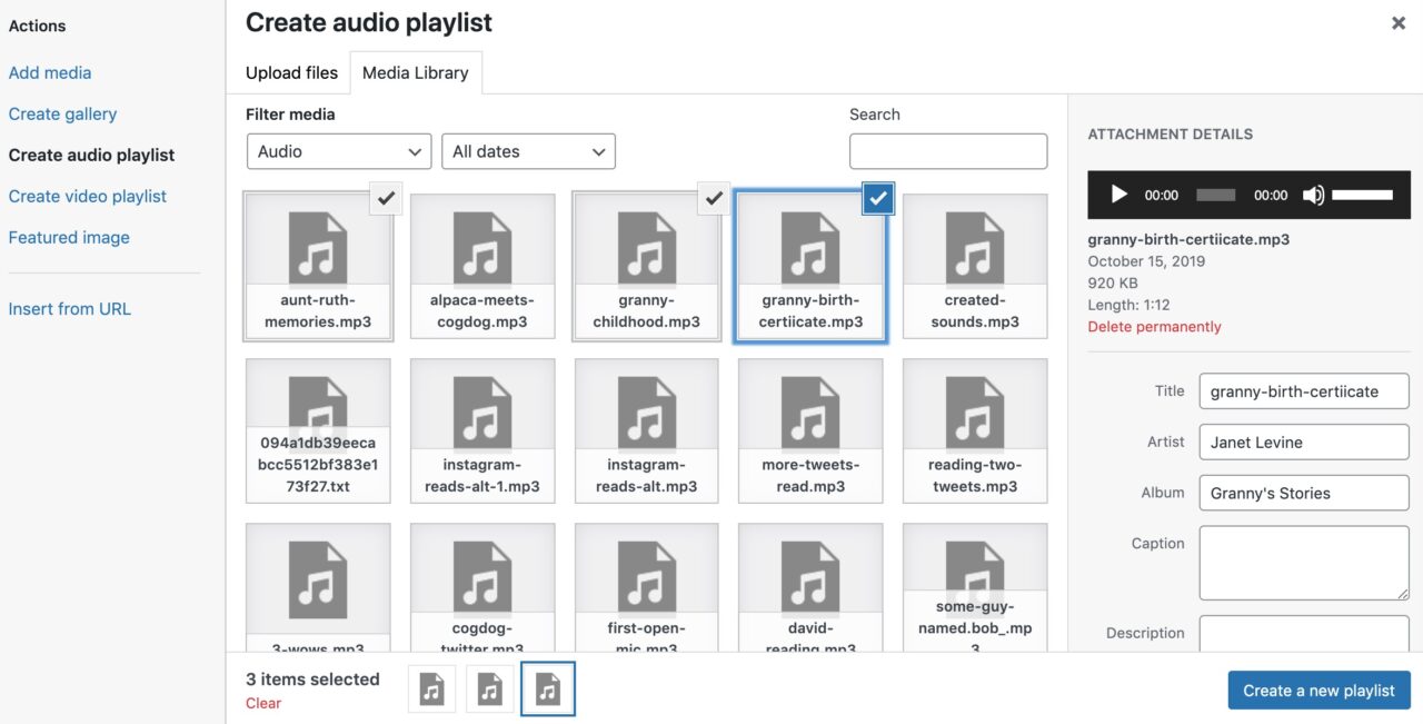 Selecting three of about 84 audio files, all selected ones have a check mark next to them.