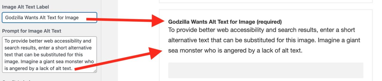 The same form fields have been modified to read-- Godzilla Wants Alt Text For Image -- and the description references