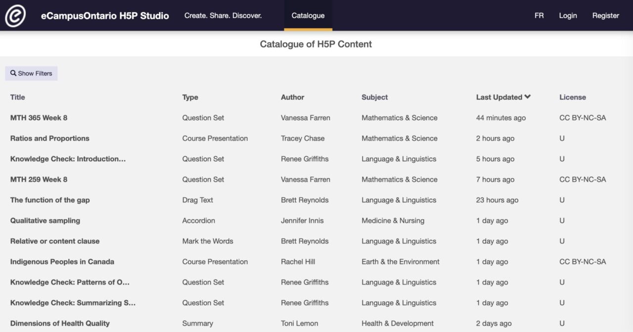 The home of the eCampusOntario H5P Studio showing a list of recent H5P content types