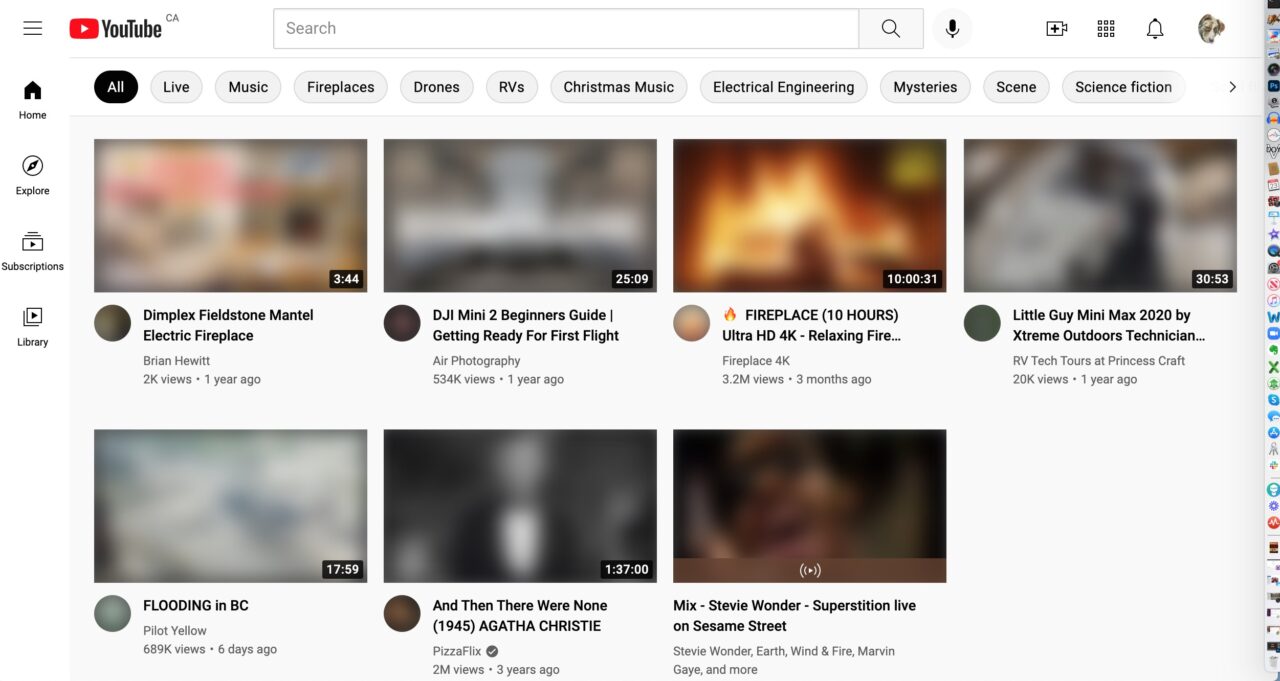 My YouTube home page where all suggested videos are blurred as are user icons. This means they lack alt tages.