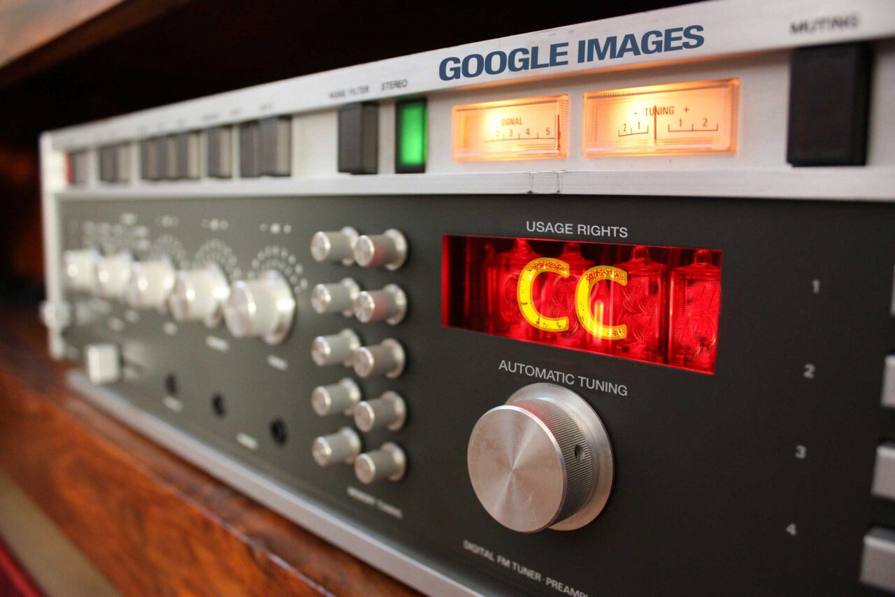 An audio amplifier with brand name of "Google Images", showing under the label "Usage Rights" a glowing red "CC"