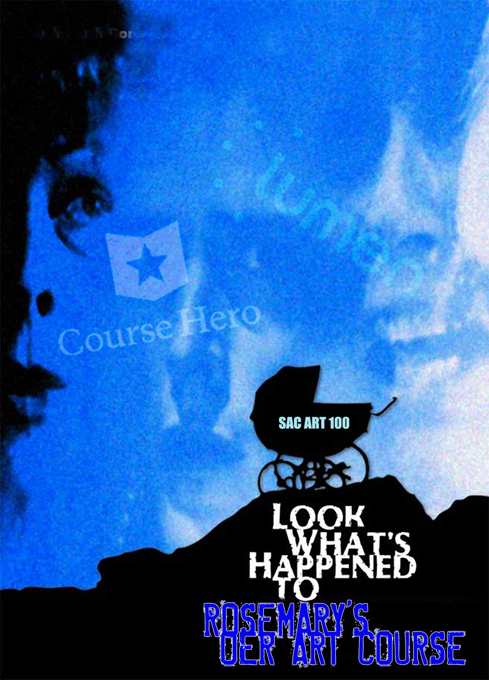 Movie poster with a jagged mountain top profile on the bottom and a baby carriage perched atop. Large ghostly faces in the background labeled Course Hero and Lumen loom over text a the otom reading - Look what's happened to Rosemary's OER Art Course