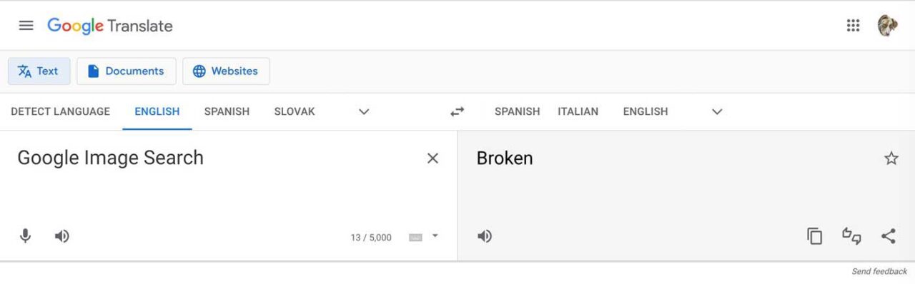 A remix of Google Translate, indication the source text of Google Image Search in English being translated in English as "Broken"