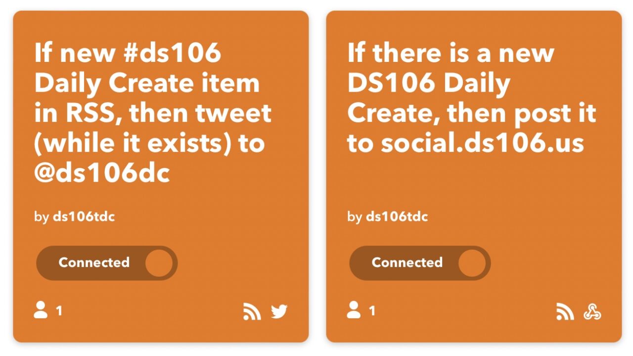 Two IFTTT applets one that reads -- If new #ds106 Daily Create, then tweet (while it exists) to @ds106dc-- and the other reads -- If there is a new DS106 Daily Create, then post it to social.ds106.us