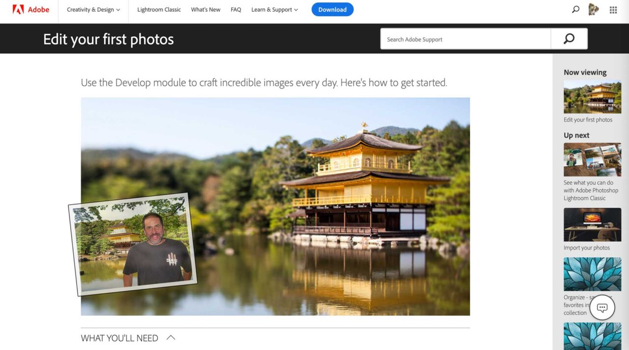 Adobe Lightroom tutorial web page with an image of a Japanese temple by a lake. Superimposed on it in the lower left is a photo of a man in a beard and t-shirt, me! in front of the same temple