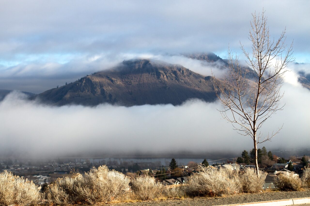 View of a mountain across a valley, where the peak is visible, but the flanks are partly hidden by a thick cloud bank.