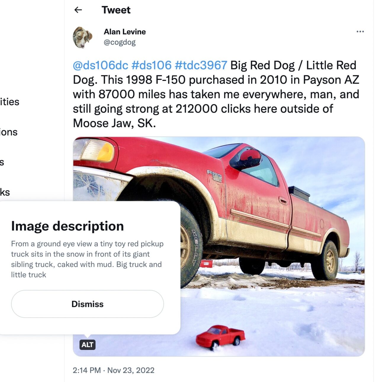 Perhaps a bit meta, but an example of a tweeted image where the ALT icon indicates presence of alt text, and for those with vision, that Image description is not only shown, but is text I can copy paste here -- https://twitter.com/cogdog/status/1595511226712588288