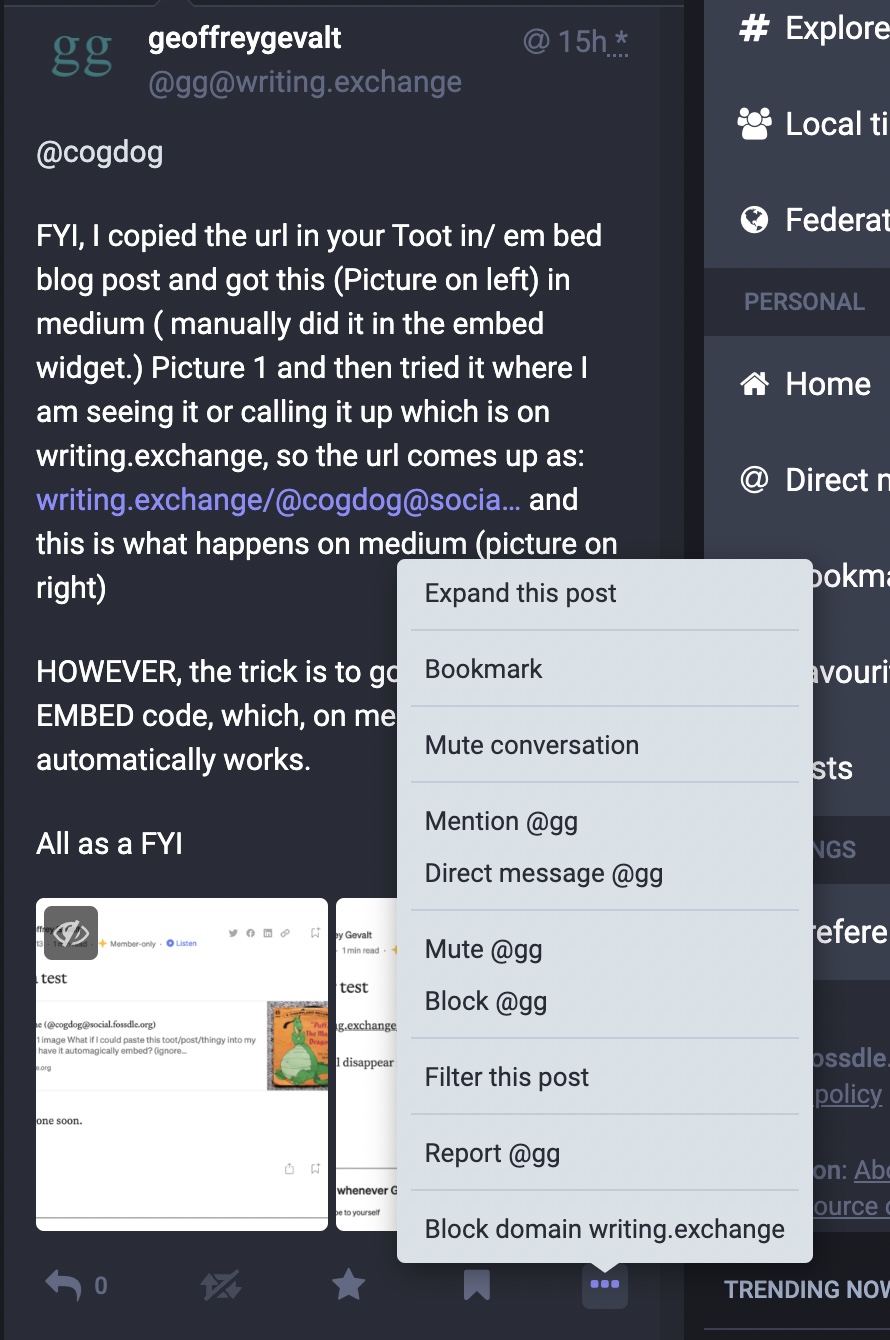 A mastodon post from Geoff Gevalt where he describes trying to use one of my example links at medium.com. Also shown is the Maston menu under the 3 dot menu and it has no option to copy the URL.