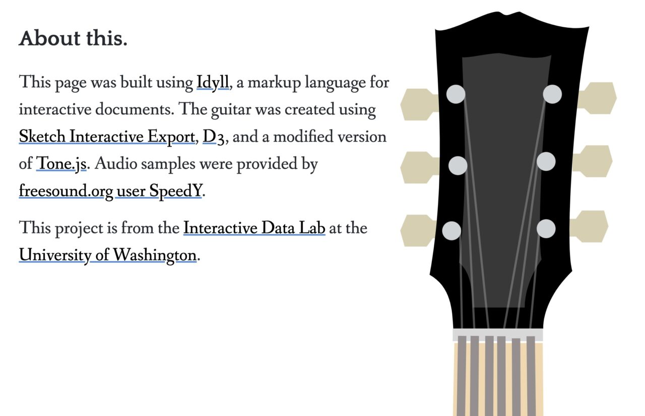 This page was built using Idyll, a markup language for interactive documents. The guitar was created using Sketch Interactive Export, D3, and a modified version of Tone.js. Audio samples were provided by freesound.org user SpeedY. This project is from the Interactive Data Lab at the University of Washington.