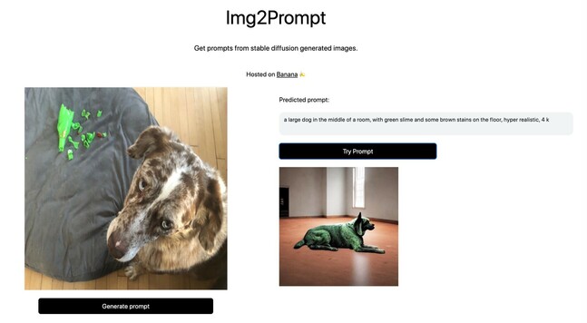 Img2Prompt tried with uploaded photo f brown and white dog looking innocent standing next to a chewed up green toy.

The predicted prompt was "a large dog in the middle of a room, with green slime and some brown stains on the floor, hyper realistic 4k"

It then generated a photo of a green colored dog in the middle of a wood floor room