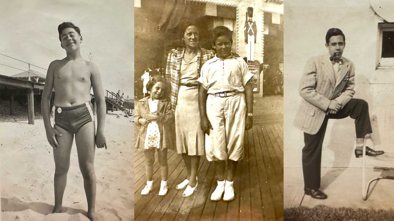 3 yellow ageda photos, on left a smiling boy on a beach, in the middle a mom and two childen on a boardwalk, on the right, a man in suit, with foot up on a step, smoking a pipe