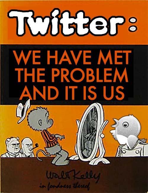 Comic style  book cover, at bottom is a fuzzy hair character staring into a all mirror, what he sees makes his hat fly off. Behind the mirror a large bird squawks at him and in bottom left the heads of two old men are just staring. The large text at top is "Twitter: We have met the problem and it is us"