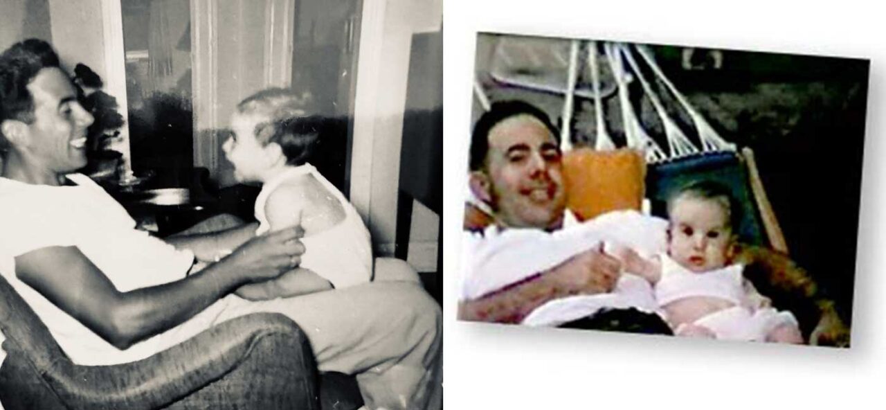 Two old photos, black and white left of a man sitting in a chair, broadly smiling at an infant on his lap. On the right is another photo of the same man, this a color image, and he is laying in a hammock holding another infant (me)